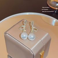 1 Piece IG Style Pearl Bow Knot Inlay Alloy Zircon 18K Gold Plated Drop Earrings main image 1