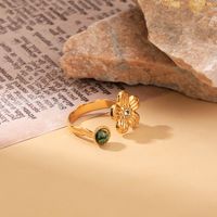 304 Stainless Steel 18K Gold Plated Cute Simple Style Flower Natural Stone Turquoise Zircon Open Rings main image 3
