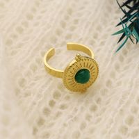 304 Stainless Steel 18K Gold Plated Vintage Style Plating Inlay Round Natural Stone Open Rings main image 6