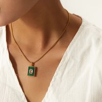 Stainless Steel 18K Gold Plated IG Style Square Inlay Malachite Zircon Pendant Necklace main image 4