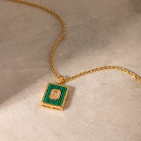 Stainless Steel 18K Gold Plated IG Style Square Inlay Malachite Zircon Pendant Necklace main image 5