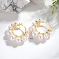 1 Pair Simple Style Round Inlay Copper Artificial Pearls 18K Gold Plated Earrings main image 5