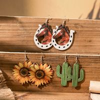 1 Pair Vacation Bohemian Cactus Sunflower Horse Printing Wood Drop Earrings main image 1