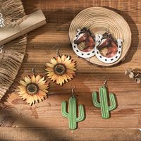 1 Pair Vacation Bohemian Cactus Sunflower Horse Printing Wood Drop Earrings main image 3
