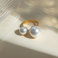 304 Stainless Steel 18K Gold Plated IG Style Inlay Round Pearl Open Rings main image 3