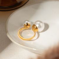 304 Stainless Steel 18K Gold Plated IG Style Inlay Round Pearl Open Rings main image 4