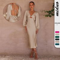 Sheath Dress Elegant Deep V Long Sleeve Solid Color Midi Dress Wedding Banquet Bar main image 5