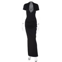 Women's Sheath Dress Sexy V Neck Pleated Hollow Out Short Sleeve Solid Color Maxi Long Dress Daily sku image 1