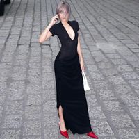 Women's Sheath Dress Sexy V Neck Pleated Hollow Out Short Sleeve Solid Color Maxi Long Dress Daily main image 6