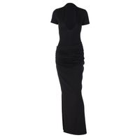Women's Sheath Dress Sexy V Neck Pleated Hollow Out Short Sleeve Solid Color Maxi Long Dress Daily main image 3