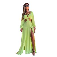 Women's Regular Dress Elegant V Neck Long Sleeve Solid Color Maxi Long Dress Holiday Daily Beach main image 2