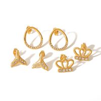 1 Pair Elegant Glam Crown Fish Tail Polishing Plating Inlay 304 Stainless Steel Zircon 18K Gold Plated Ear Studs main image 3