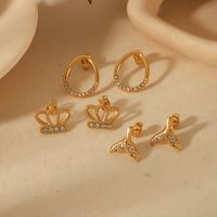 1 Pair Elegant Glam Crown Fish Tail Polishing Plating Inlay 304 Stainless Steel Zircon 18K Gold Plated Ear Studs main image 2