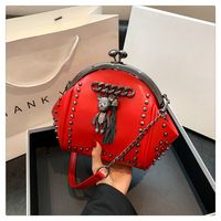 Women's Small Pu Leather Little Bear Streetwear Tassel Rivet Buckle Dome Bag sku image 3