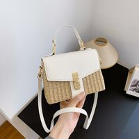 Women's Small Straw Color Block Vacation Beach Weave Square Lock Clasp Crossbody Bag Straw Bag sku image 2