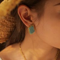 1 Paire Style Simple Style Classique Chapeau De Paille Placage Incruster Acier Inoxydable Turquoise Plaqué Or 18K Boucles D'Oreilles main image 3