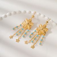 1 Pair Ethnic Style Simple Style Flower Tassel Hollow Out Inlay Copper Turquoise 18K Gold Plated Drop Earrings main image 4