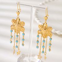 1 Pair Ethnic Style Simple Style Flower Tassel Hollow Out Inlay Copper Turquoise 18K Gold Plated Drop Earrings main image 3