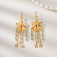 1 Pair Ethnic Style Simple Style Flower Tassel Hollow Out Inlay Copper Turquoise 18K Gold Plated Drop Earrings main image 5