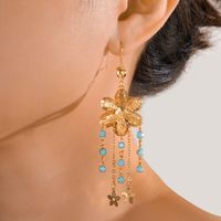 1 Pair Ethnic Style Simple Style Flower Tassel Hollow Out Inlay Copper Turquoise 18K Gold Plated Drop Earrings main image 6