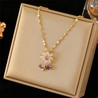 Wholesale Simple Style Flower 201 Stainless Steel Brass Plating Inlay 18K Gold Plated Zircon Pendant Necklace main image 1