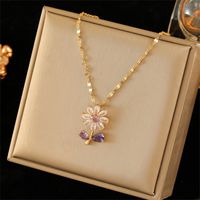 Wholesale Simple Style Flower 201 Stainless Steel Brass Plating Inlay 18K Gold Plated Zircon Pendant Necklace main image 5