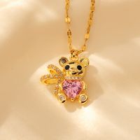 Copper Cute Modern Style Little Bear Inlay Zircon Pendant Necklace main image 6