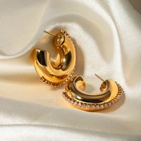 1 Pair Simple Style Classic Style C Shape Plating Inlay 316 Stainless Steel  Rhinestones 18K Gold Plated Ear Studs main image 2
