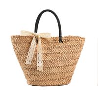 Women's Large Straw Solid Color Vacation Beach Magnetic Buckle Straw Bag sku image 1