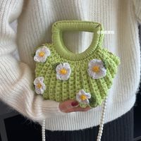 Women's Medium Fabric Flower Cute Weave Open Crochet Bag sku image 3