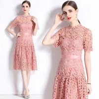 Women's Regular Dress Streetwear Round Neck Lace Short Sleeve Solid Color Midi Dress Daily main image 1