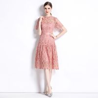 Women's Regular Dress Streetwear Round Neck Lace Short Sleeve Solid Color Midi Dress Daily main image 5