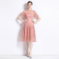 Women's Regular Dress Streetwear Round Neck Lace Short Sleeve Solid Color Midi Dress Daily main image 3