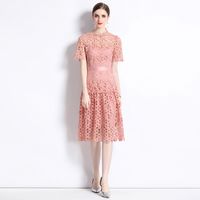 Women's Regular Dress Streetwear Round Neck Lace Short Sleeve Solid Color Midi Dress Daily main image 4