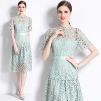 Women's Regular Dress Streetwear Round Neck Lace Short Sleeve Solid Color Midi Dress Holiday main image 1