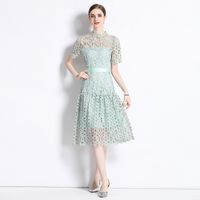 Women's Regular Dress Streetwear Round Neck Lace Short Sleeve Solid Color Midi Dress Holiday main image 4