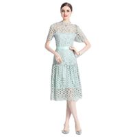 Women's Regular Dress Streetwear Round Neck Lace Short Sleeve Solid Color Midi Dress Holiday main image 5