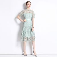 Women's Regular Dress Streetwear Round Neck Lace Short Sleeve Solid Color Midi Dress Holiday main image 2