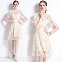 Women's Regular Dress Streetwear Round Neck Lace Short Sleeve Solid Color Knee-Length Holiday Daily main image 1