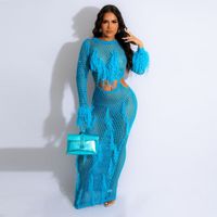 Women's Regular Dress Sexy Round Neck Hollow Out Long Sleeve Solid Color Maxi Long Dress Daily Beach main image 3