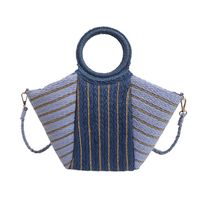 Femmes Moyen En Tissu Bloc De Couleur Bande Vacances Plage Tisser Fermeture Éclair Sac De Paille sku image 1