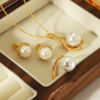 Copper 14K Gold Plated Vintage Style Exaggerated Classic Style Inlay Round Artificial Pearls Zircon Jewelry Set main image 4