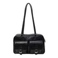 Women's Medium Pu Leather Solid Color Vintage Style Classic Style Sewing Thread Zipper Shoulder Bag sku image 1