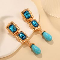 1 Pair IG Style Simple Style Water Droplets Rectangle Inlay Alloy Turquoise Rhinestones Drop Earrings main image 3