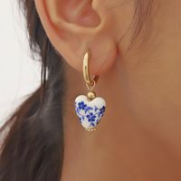 1 Pair Chinoiserie Retro Heart Shape Flower 304 Stainless Steel Ceramics Drop Earrings main image 1