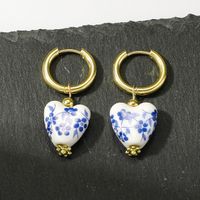 1 Pair Chinoiserie Retro Heart Shape Flower 304 Stainless Steel Ceramics Drop Earrings main image 4