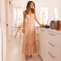 Femmes Robe Régulière Vacances Col En V Impression Dos Nu Sans Manches Petites Fleurs Couleur Unie Maxi Longue Robe Vacances Du Quotidien main image 3