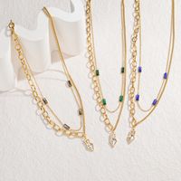 Wholesale Jewelry Elegant Rectangle Steel Rhinestones 18K Gold Plated Plating Inlay Layered Necklaces main image 1