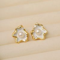 1 Pair IG Style Lady Classic Style Irregular Clouds Enamel Inlay Copper Freshwater Pearl Zircon 18K Gold Plated Ear Studs main image 3