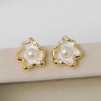 1 Pair IG Style Lady Classic Style Irregular Clouds Enamel Inlay Copper Freshwater Pearl Zircon 18K Gold Plated Ear Studs main image 1